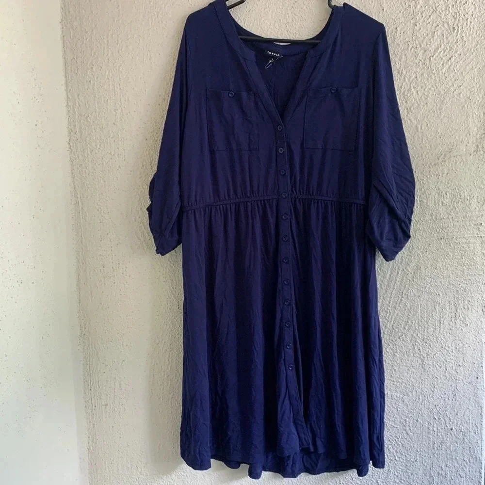Torrid Jersey Knit Shirt Dress Blue Button Front 3/4 Sleeves Knee Size 1X - Picture 2 of 6